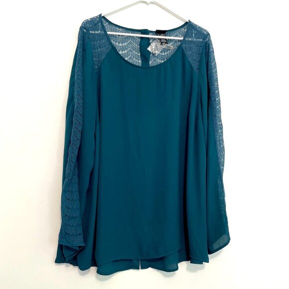 TORRID 2 Plus Size Lace Inset Georgette Blouse Solid Teal Blue Green Long Sleeve - Picture 3 of 16